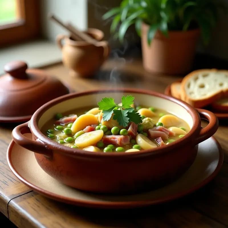 Cazuela de barro humeante con alcachofas al estilo de Navarra, trozos de jamón serrano y guisantes verdes, sobre fondo rústico de madera