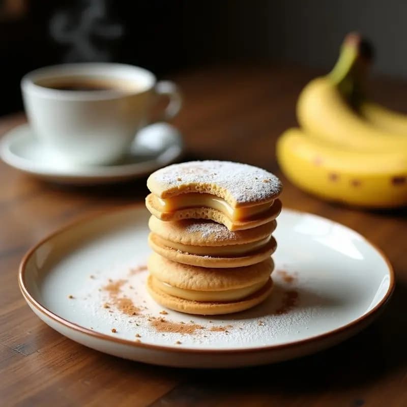 Alfajores colombianos de maicena y arequipe sin gluten apilados en un plato blanco, con coco rallado en los bordes y un fondo de tela rústica.