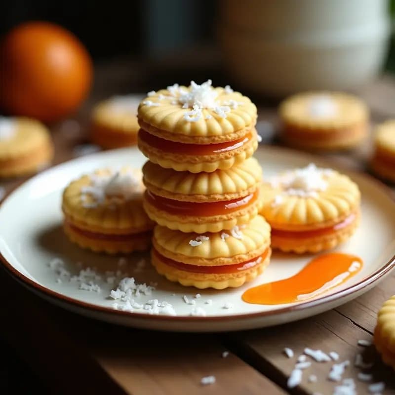 Alfajores colombianos de maíz y guayaba sin harina, apilados en un plato blanco rústico, con relleno de queso campesino asomándose entre las capas y bordes bañados en mermelada de guayaba y coco rallado.