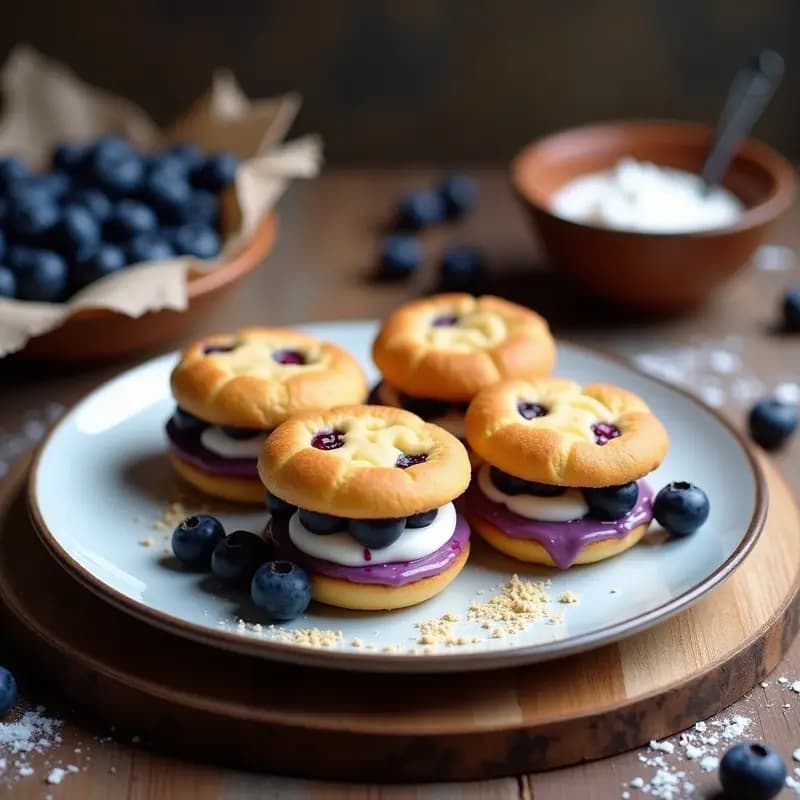 Alfajores peruanos sin gluten con tapas doradas de maicena y arándanos enteros en la superficie, rellenos de crema de coco blanca con vetas moradas de arándanos reducidos, dispuestos en una bandeja de madera rústica.