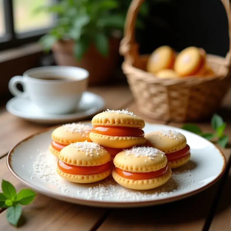 Alfajores de maicena dorados y esponjosos rellenos de dulce de guayaba, espolvoreados con coco rallado, dispuestos en un plato blanco rústico con hojas de menta y una taza de café al fondo.