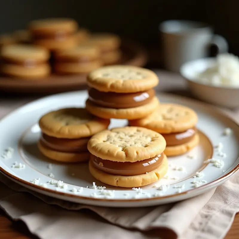 Alfajores argentinos de maicena y dulce de leche sin gluten, apilados en un plato blanco rústico con base de chocolate negro y coco rallado, sobre un fondo de madera clara con luz natural.
