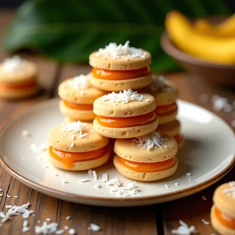 Alfajores de maicena y dulce de lechosa apilados en un plato blanco rústico, con coco rallado en los bordes y un fondo de hojas de plátano. Postre colombiano sin harina horneado en airfryer.
