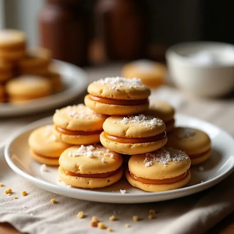 Alfajores colombianos de maicena y dulce de membrillo apilados en un plato de porcelana blanca, con coco rallado espolvoreado y hojas de menta como decoración, postre tradicional sin horno.