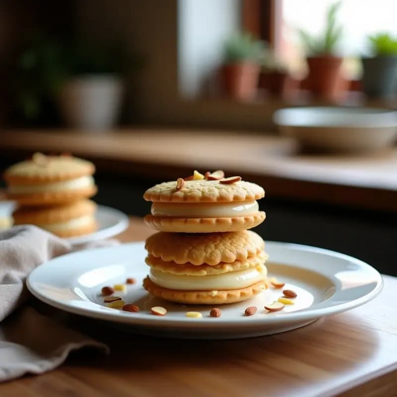 Alfajores de maicena y manjar blanco vegano apilados en un plato blanco rústico, con almendras fileteadas en los bordes y un fondo desenfocado de cocina tradicional chilena.