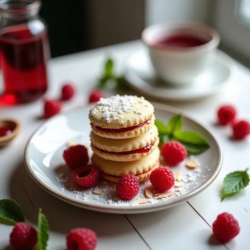 Alfajores argentinos de maicena y mermelada de frambuesa sin gluten, apilados en un plato blanco rústico con bordes de coco rallado y almendras fileteadas, sobre un fondo de madera clara con frambuesas frescas y hojas de menta.