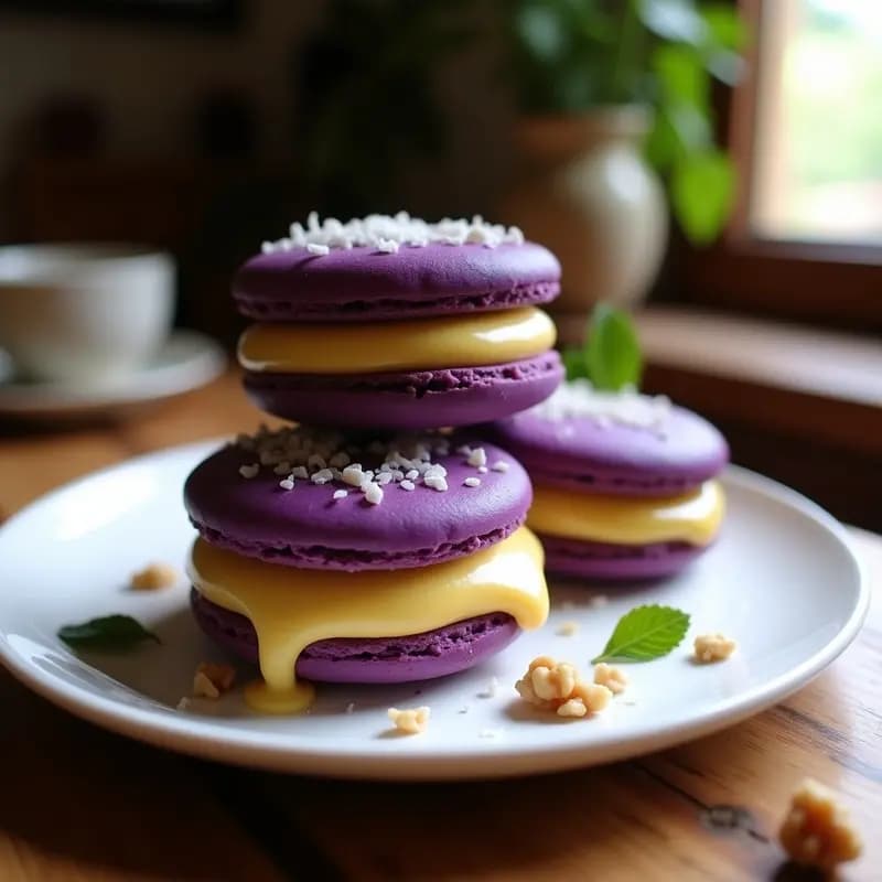 Plato blanco con alfajores de maíz morado apilados, rellenos de crema de lúcuma amarilla, decorados con coco rallado y nueces picadas, sobre fondo rústico con hoja de menta.