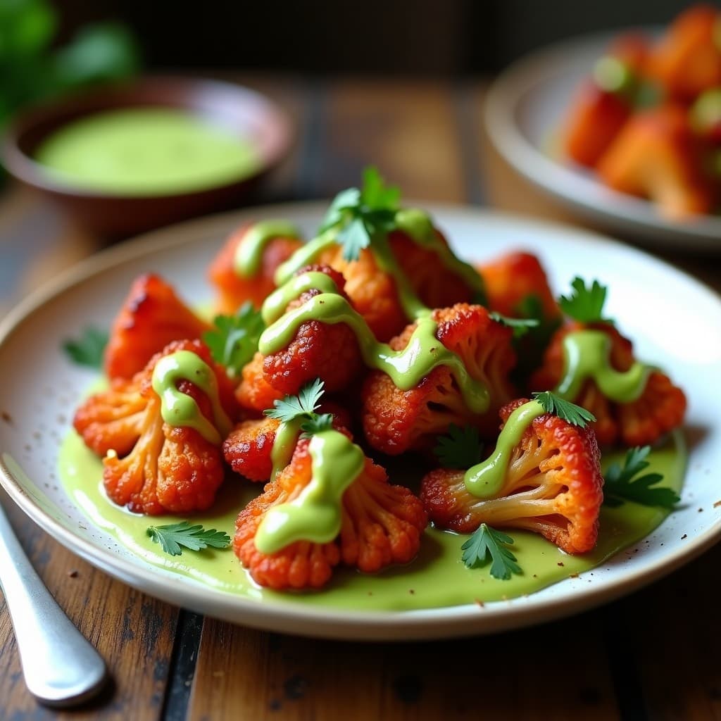 Alitas de coliflor doradas y crujientes glaseadas con salsa BBQ brillante, servidas en plato blanco con aderezo cremoso de aguacate y lima de color verde claro, decoradas con semillas de sésamo y cilantro fresco. Receta vegana en airfryer.