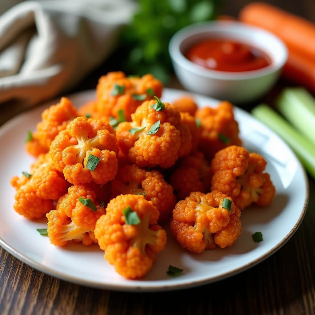 Plato blanco con alitas de coliflor buffalo doradas y crujientes, bañadas en salsa picante roja, acompañadas de bastones de apio y zanahoria sobre fondo rústico de madera. Receta vegana en airfryer sin lácteos.