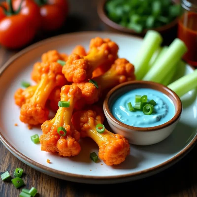 Plato blanco con alitas de coliflor doradas y crujientes bañadas en salsa buffalo, acompañadas de un bol de salsa azul de anacardos cremosa y apio picado. Receta vegana de snack crujiente sin carne, estilo cocina americana viral para redes sociales.
