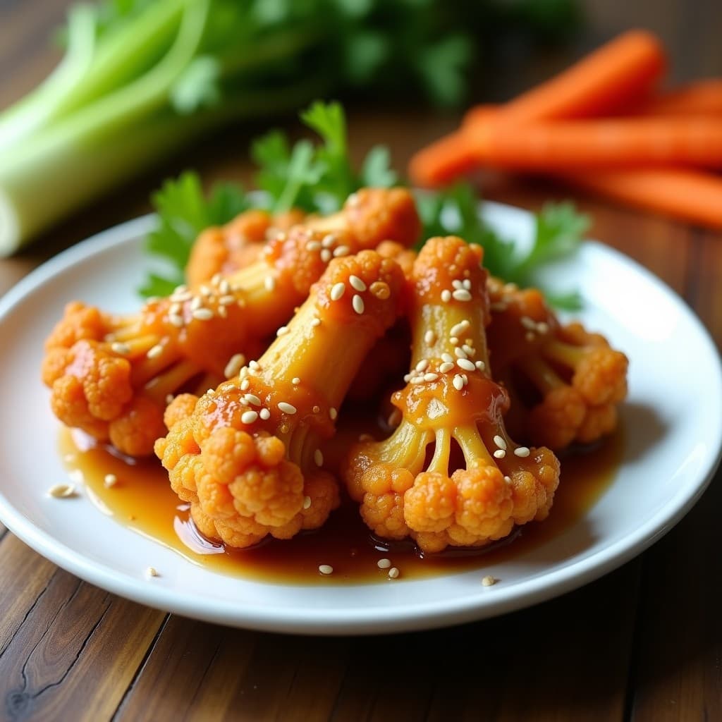 Plato blanco con alitas de coliflor doradas y crujientes, bañadas en una salsa brillante de miso y miel, espolvoreadas con semillas de sésamo tostado. Acompañadas de palitos de apio y zanahoria sobre un fondo de madera rústica. Receta de alitas de coliflor crujientes con salsa de miso y miel en airfryer.