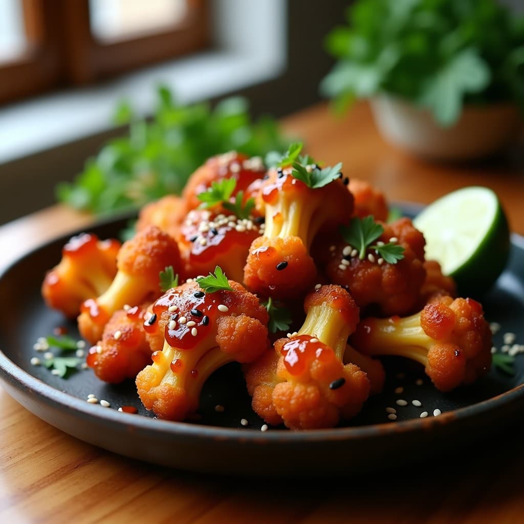 Alitas de coliflor doradas y crujientes en airfryer, bañadas en salsa teriyaki brillante y espolvoreadas con semillas de sésamo negro y blanco. Plato servido en fuente de cerámica oscura con rodaja de limón y brotes verdes de decoración.
