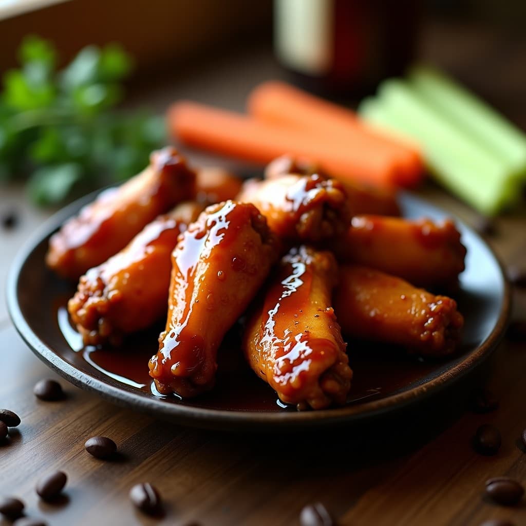Alitas de pollo doradas y crujientes en un plato de madera oscuro, bañadas en una salsa BBQ brillante de color ámbar con vetas de café. Acompañadas de bastones de apio y zanahoria, sobre un fondo rústico con granos de café esparcidos. Receta de alitas de pollo en airfryer con BBQ de café sin aceite.