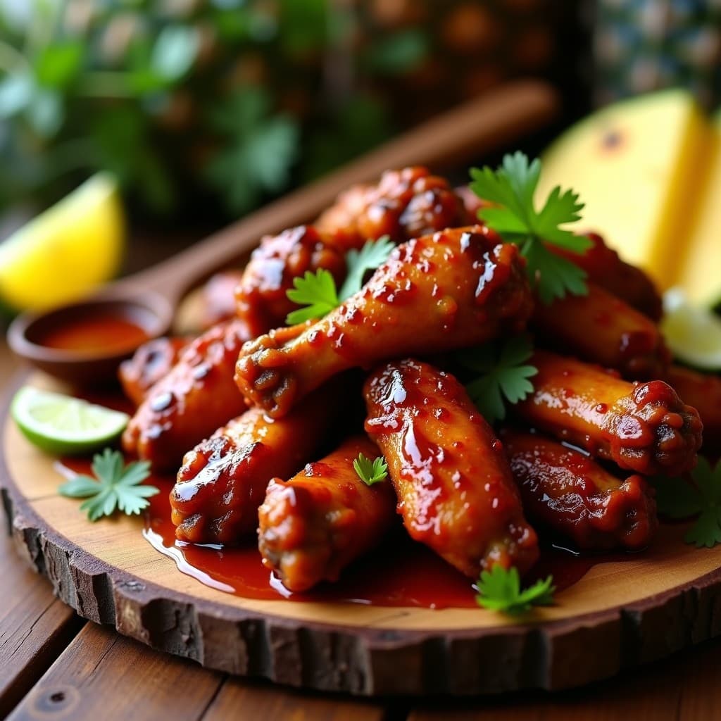 Alitas de pollo doradas y brillantes con glaseado BBQ y especias de Jamaica, servidas en una fuente de madera con rodajas de limón y cilantro fresco, receta caribeña en airfryer sin aceite.