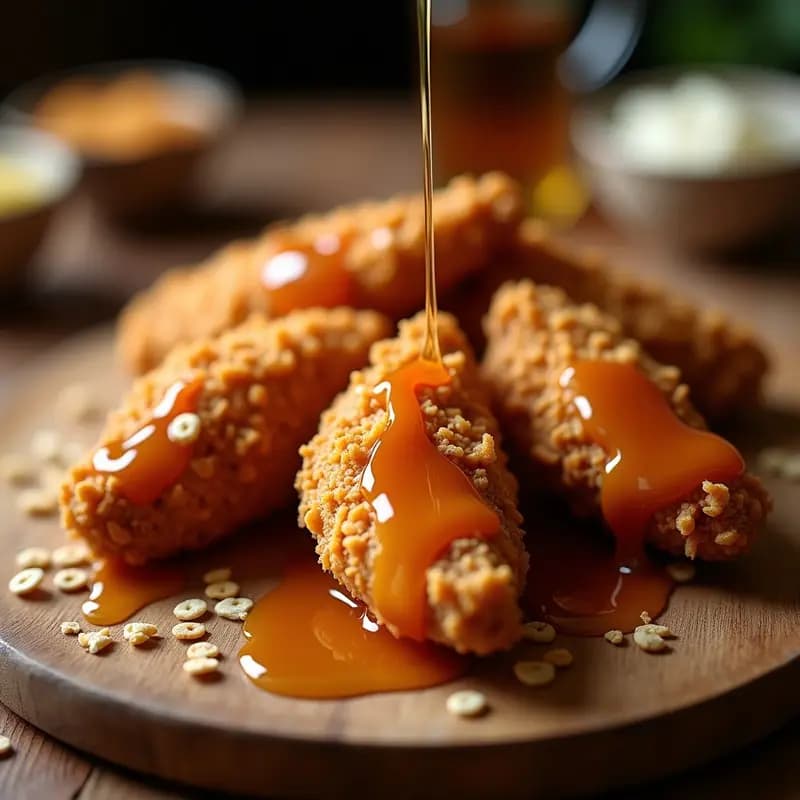Alitas de pollo doradas y crujientes rebozadas en cereal de desayuno, bañadas en un glaseado brillante de sirope de arce, servidas en una fuente de madera con más sirope chorreando por encima. Receta de alitas de pollo con cereal y sirope de arce.