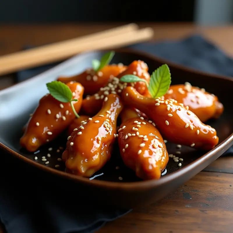 Bandeja de alitas de pollo doradas y brillantes, glaseadas con una salsa espesa de miso y miel, espolvoreadas con sésamo tostado. Fondo oscuro con palillos de madera y servilleta para resaltar el plato japonés crujiente y umami.