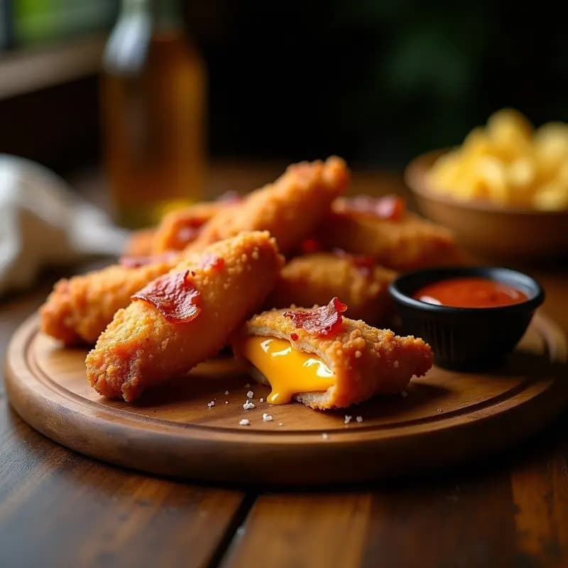 Alitas de pollo doradas y crujientes rellenas de queso cheddar fundido y bacon, servidas en una bandeja de madera con salsa barbacoa al lado. Receta de alitas de pollo rellenas de queso cheddar y bacon.