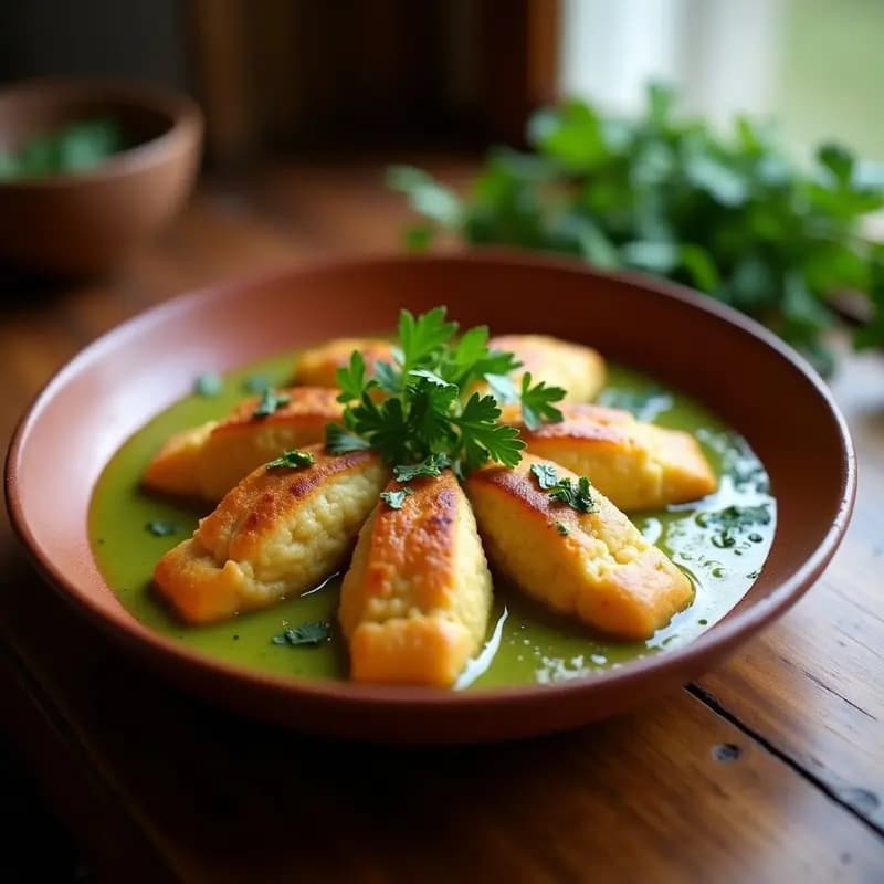 Plato de barro rústico con almóndigas de bacalao en salsa verde, acompañadas de almejas y espolvoreadas con perejil fresco. Tapa gaditana tradicional sin gluten, con un toque dorado y aroma a mar.
