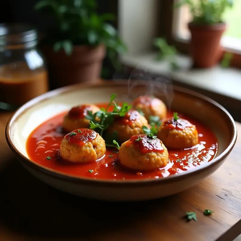 Plato hondo de barro con almóndigas doradas en una salsa de tomate espesa y brillante, decoradas con perejil fresco. Receta tradicional de almóndigas en salsa de tomate con toque especiado.
