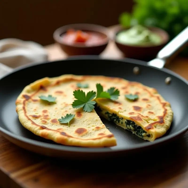Alooi Paratha dorado y crujiente en sartén antiadherente, relleno de espinacas y queso paneer, con cilantro fresco espolvoreado y chutney de menta al lado. Receta india tradicional.