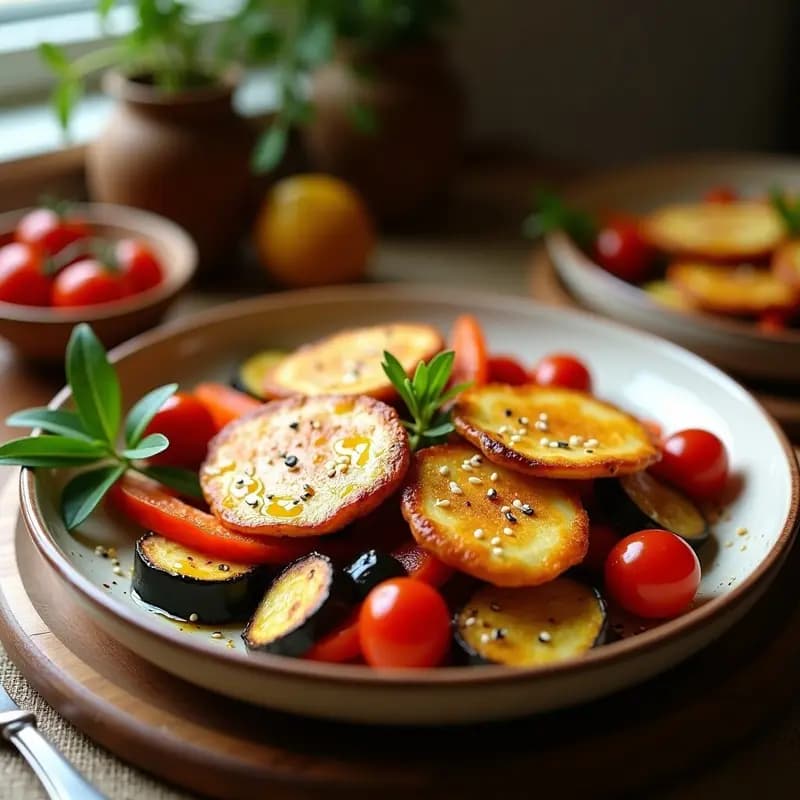Alsoo chipriota de queso halloumi dorado y crujiente sobre una bandeja de horno con verduras asadas: calabacín, berenjena, pimiento rojo y tomates cherry, espolvoreado con semillas de sésamo.
