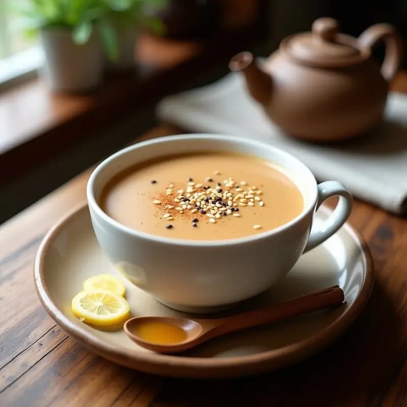 Taza de cerámica blanca con A mairie, bebida coreana de avena y miel con canela y jengibre, decorada con semillas de sésamo tostadas y un toque de pimienta negra, sobre una mesa de madera con una rama de canela y rodajas de jengibre al lado.
