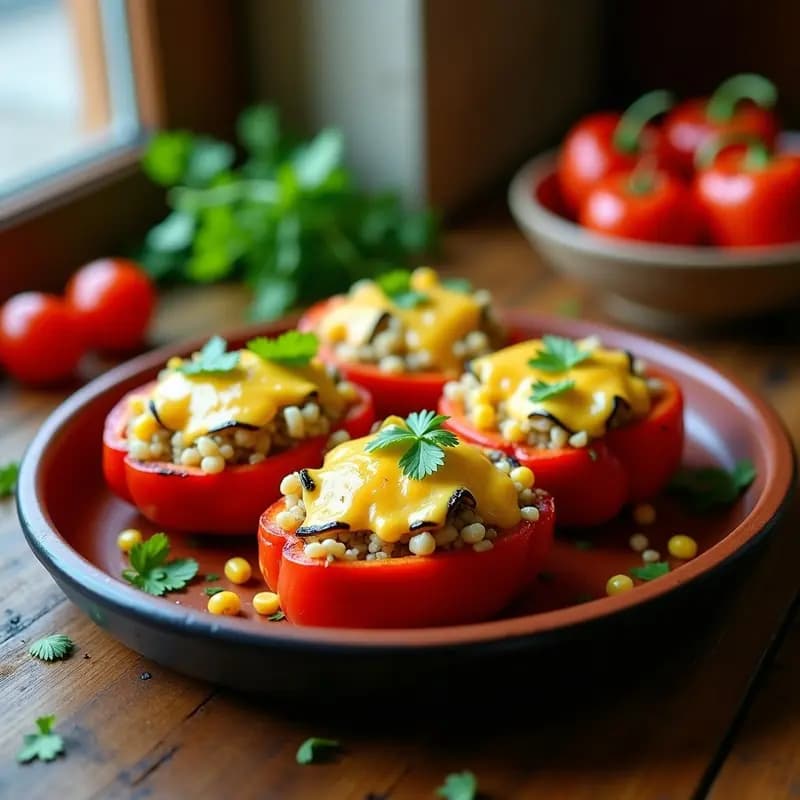Pimientos Anaheim asados rellenos de quinoa, maíz, calabacín y queso vegano derretido, servidos en una bandeja de barro con cilantro fresco. Receta mexicana alta en fibra.