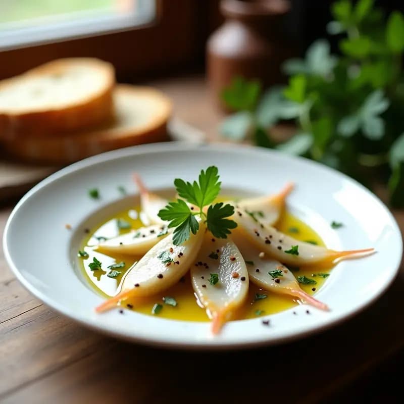 Plato blanco con anchoas en vinagre marinadas, cubiertas de ajo en láminas y perejil fresco, bañadas en aceite de oliva. Tapa vasca tradicional para aperitivos, servida con pan tostado al lado.