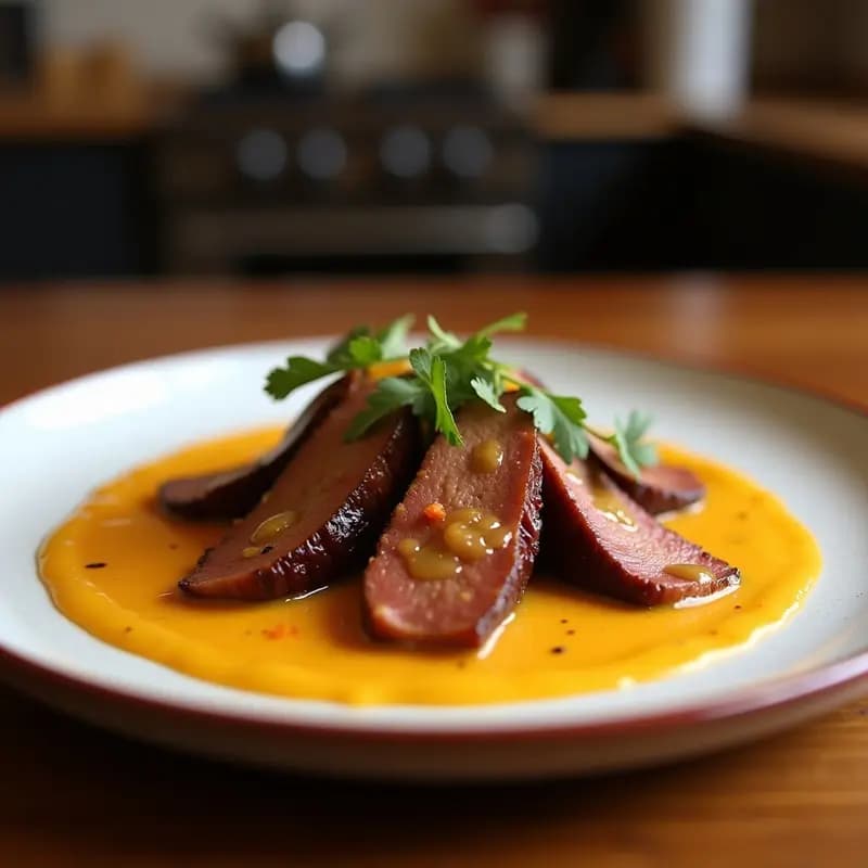 Brochetas de anticuchos de corazón de res marinado en ají panca, alternadas con rodajas de papa amarilla cocida, asadas a la parrilla con un dorado intenso. Acompañadas de cebolla morada y gajos de limón sobre un plato rústico de barro, con hojas de huacatay esparcidas.