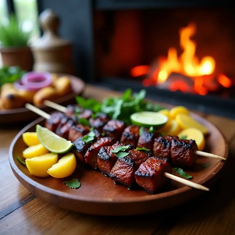 Brochetas de anticuchos de corazón de res con ají panca asadas a la parrilla, doradas y jugosas, servidas sobre un plato rústico con rodajas de papa amarilla, cebolla morada en juliana y gajos de limón, receta peruana tradicional alta en hierro.