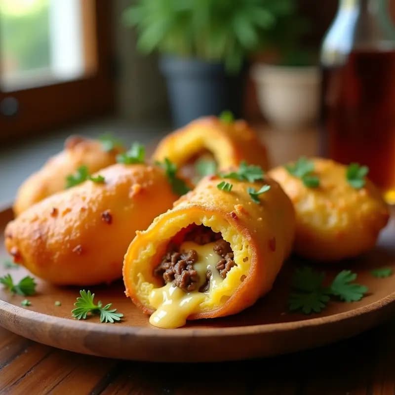Apera de yuca rellena de carne mechada y queso, dorados y crujientes, servidos en un plato de madera con perejil fresco. Receta tradicional venezolana hecha en airfryer.