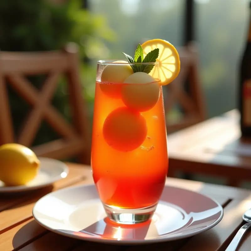 Copa de cristal transparente con Aperol Spritz en capas naranjas y rojas, coronada con dos cucharadas de helado de limón cremoso, rodaja de limón y hoja de menta. Bebida italiana veraniega y refrescante con burbujas visibles y fondo desenfocado de terraza soleada.
