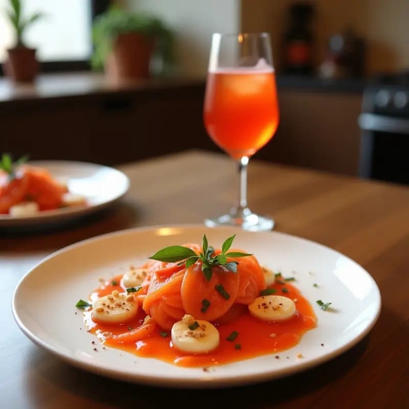 Vaso tipo spritz con Aperol Spritz sin alcohol, capas degradadas de naranja, rosa y rojo, decorado con hierbabuena fresca, rodaja de naranja y semillas de granada, sobre fondo de madera rústica con luz natural de verano.