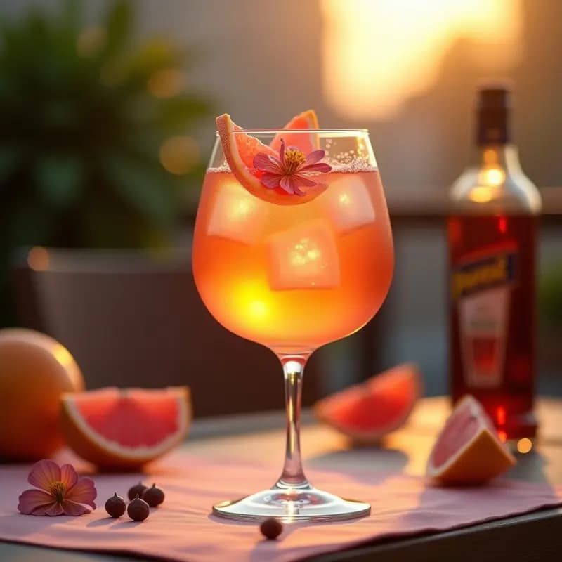 Copa de cristal tipo Burgonía con Aperol Spritz de color naranja intenso, decorada con una tira de cáscara de pomelo rosa, flor de hibisco y ramita de romero, sobre un fondo de terraza veraniega con luz dorada.