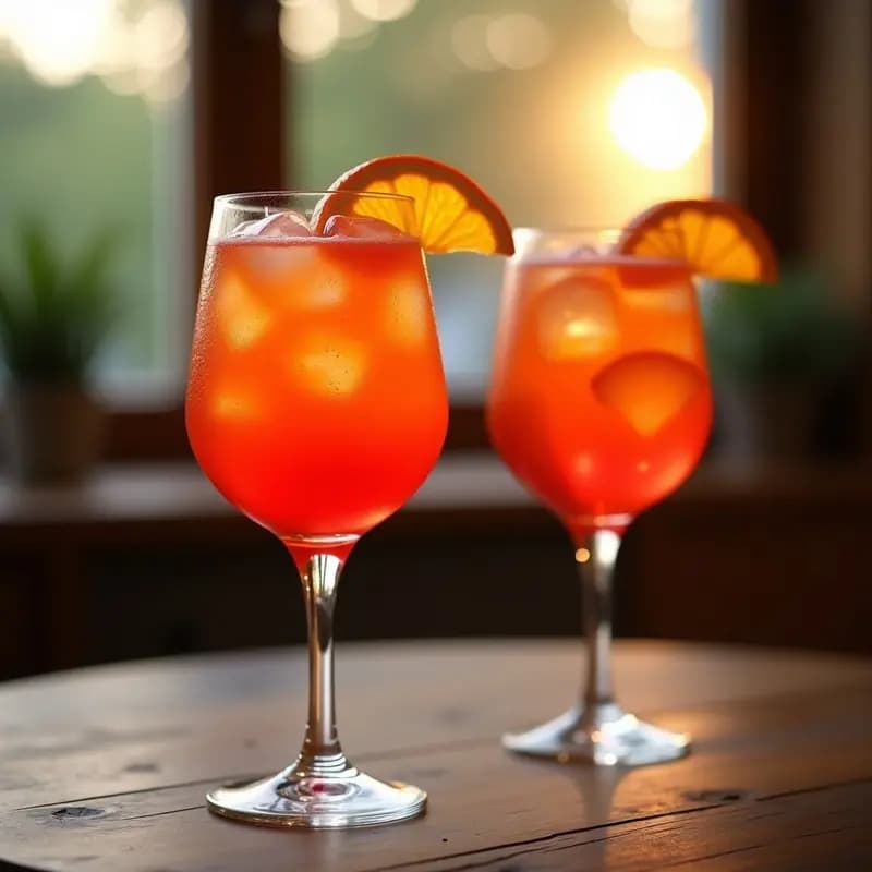 Copa de cristal ancha con Aperol Spritz con Prosecco, rodaja de naranja en el borde y tira de cáscara como decoración, hielo brillante y burbujas visibles, fondo borroso de terraza italiana al atardecer.