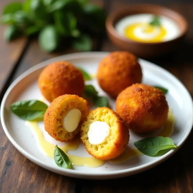 Arancini de arroz con azafrán y mozzarella dorados en airfryer, cortados por la mitad mostrando el centro fundido de queso, servidos en plato blanco con salsa de yogur y hierbas frescas.