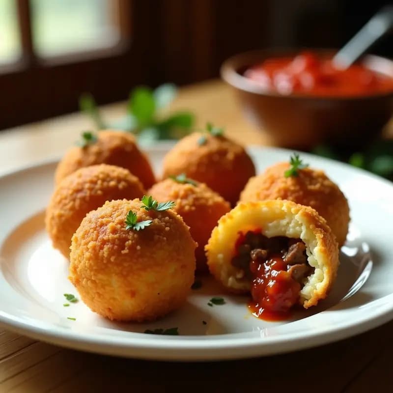Arancini de arroz dorados y crujientes con relleno de ragú de carne, servidos en plato blanco sobre fondo rústico de madera, receta italiana tradicional.