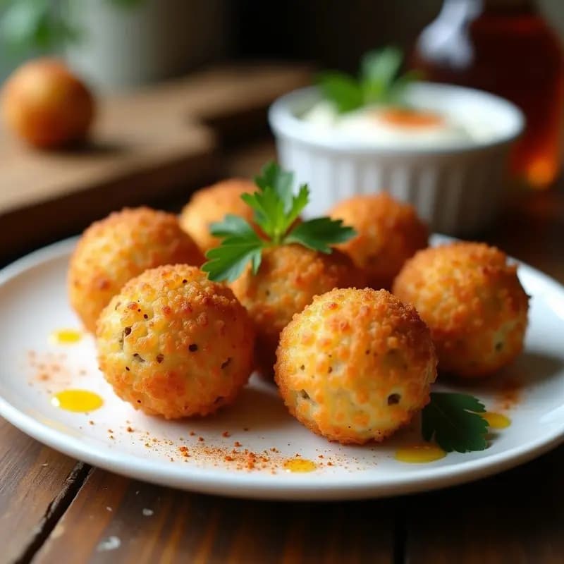 Arancini dorados y crujientes de arroz salvaje y hongos, servidos en un plato blanco rústico con hierbas frescas y una salsa cremosa al lado, receta vegana en airfryer.