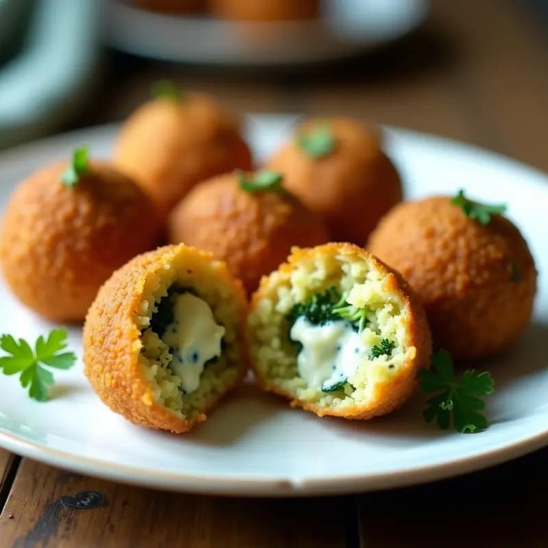 Arancinis de brócoli y queso azul sin harina, croquetas italianas doradas y crujientes con centro cremoso, servidas en plato blanco sobre fondo de madera rústica con perejil fresco.