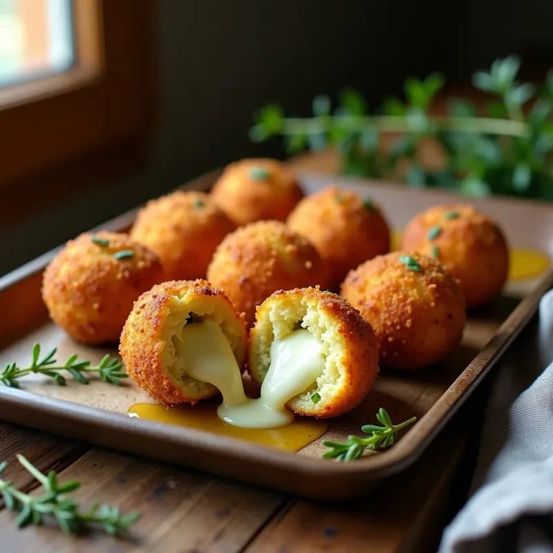 Arancini de calabacín y queso gorgonzola al horno, dorados y crujientes por fuera, con el centro cremoso del queso fundido. Servidos en bandeja rústica sobre papel de horno.