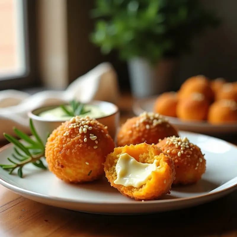 Arancini de calabaza y gorgonzola dorados y crujientes en airfryer, servidos en plato rústico con trocitos de calabaza asada y hilo de miel, receta italiana sin rebozar.
