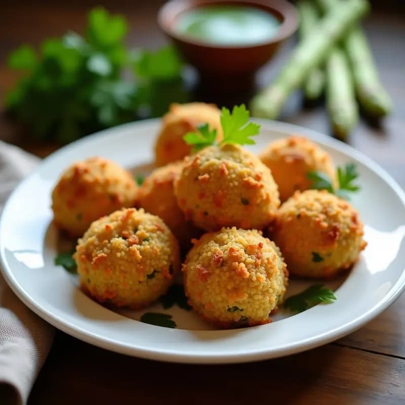 Arancini dorados y crujientes de champiñones y espárragos sin lactosa, servidos en plato blanco sobre fondo rústico, acompañados de salsa verde y perejil fresco.