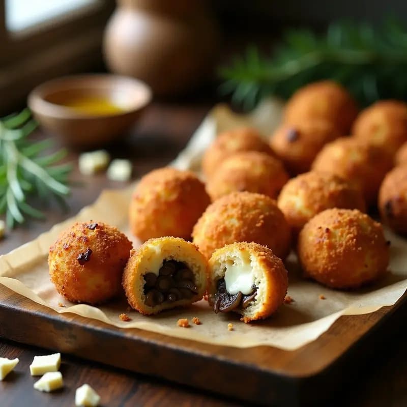 Arancini dorados y crujientes de champiñones y queso de cabra al horno, servidos en una bandeja rústica con hierbas frescas y salsa de yogur al lado.