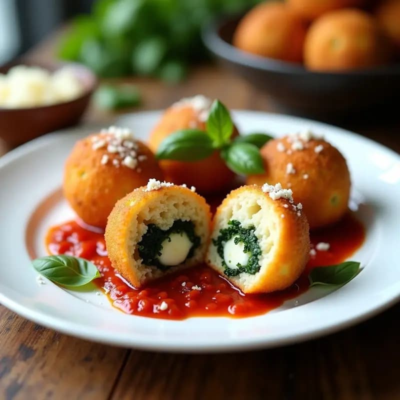 Arancini dorados y crujientes en un plato blanco rústico, rellenos de espinacas y mozzarella fundente, acompañados de salsa de tomate seco y hojas de albahaca fresca. Receta italiana en airfryer.