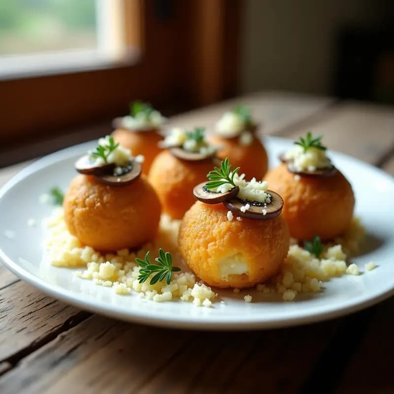 Arancini dorados y crujientes de hongos portobello y queso pecorino, servidos en plato blanco con salsa de yogur y perejil, receta italiana en Thermomix.