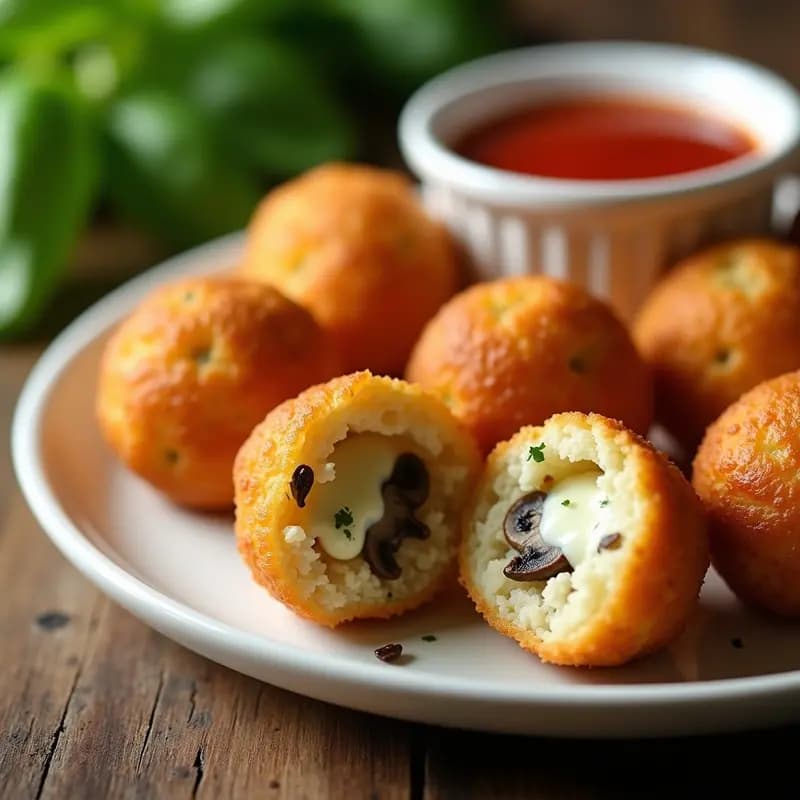 Arancini de hongos y queso gorgonzola dorados y crujientes, servidos en una fuente de madera con salsa de reducción de vino tinto, sobre un fondo rústico con hierbas frescas.
