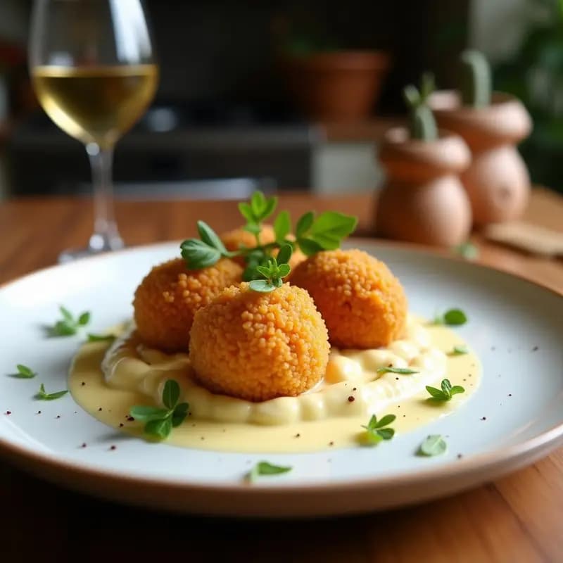 Arancini de hongos y queso Taleggio dorados y crujientes en una fuente de madera, con el interior cremoso visible al cortar uno por la mitad. Acompañados de hierbas frescas y un dip de yogur.