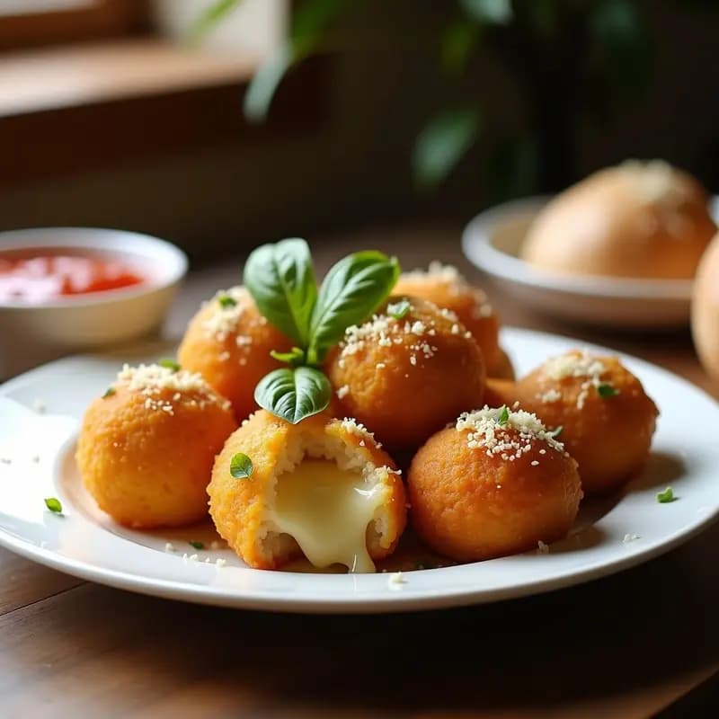 Arancini italianos dorados y crujientes servidos en un plato de cerámica blanca, con queso fundido escapando del interior y espolvoreados con queso parmesano rallado, acompañados de salsa de tomate y hojas de albahaca fresca.