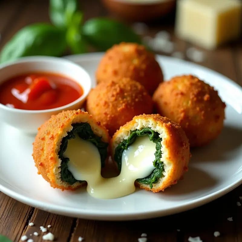 Arancini italianos dorados y crujientes en airfryer, rellenos de espinacas y queso mozzarella derretido, servidos en un plato blanco con salsa de tomate al lado.