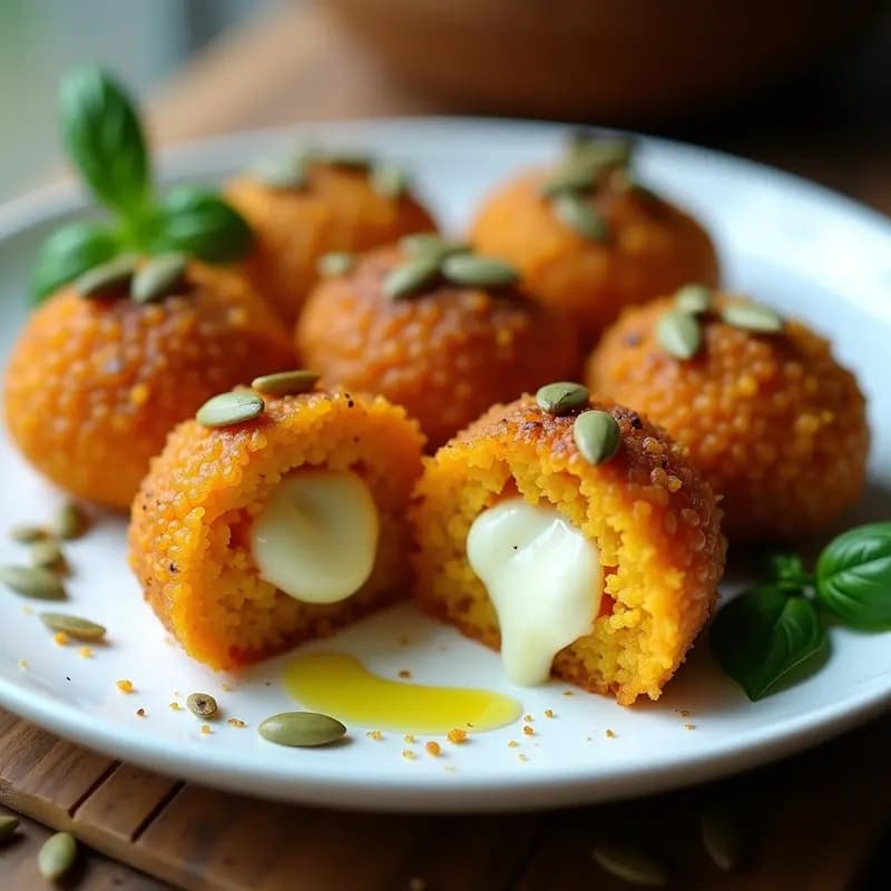 Arancini dorados y crujientes de quinoa y calabaza con centro líquido de gorgonzola vegano, servidos en un plato de cerámica blanca con hojas de perejil fresco y un fondo rústico de madera.